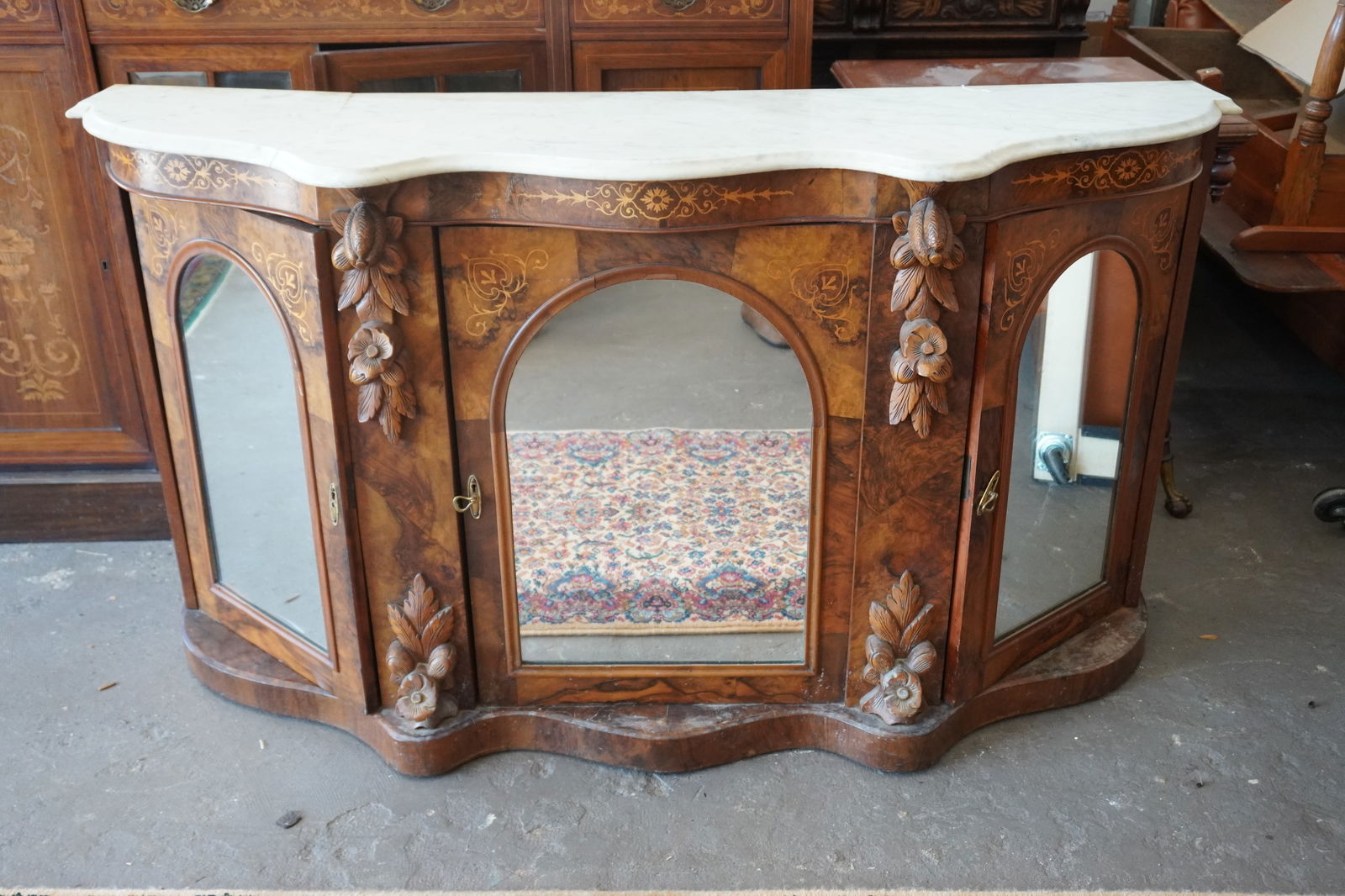 Handsome English Edwardian Marble Top Inlaid Rosewood Console or Server (1 of 7)
