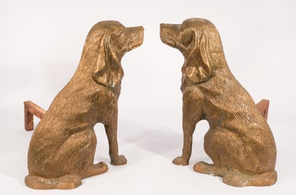 Pair English Figural Brass Sporting Dog Andirons
