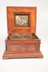 Fine Antique Carved Walnut Disc Music Box on Stand