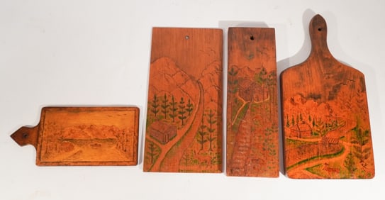Collection Vintage Folk Art Burnt Wood Hand Painted Dough Boards