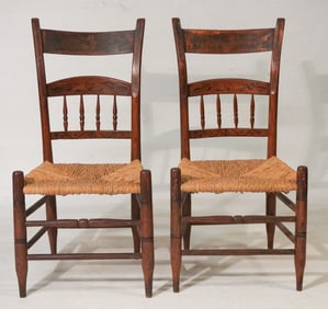 Pair American Country Sheraton Fancy Painted Ladder Back Chairs