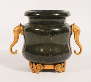 Antique Oriental Marble & Gilt Bronze Jar