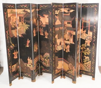 Pair Japanese Art Deco Lacquered Four Panel Dressing Floor Screens