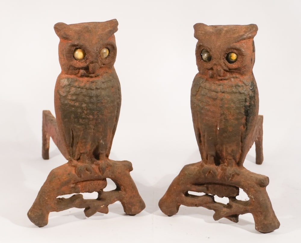 Good Pair Glass Eye Cast Iron Owl Andirons (1 of 1)