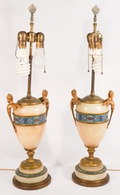 Excellent Pair French Napoleon III Style Bronze, Onyx & Cloisonne Table Lamps
