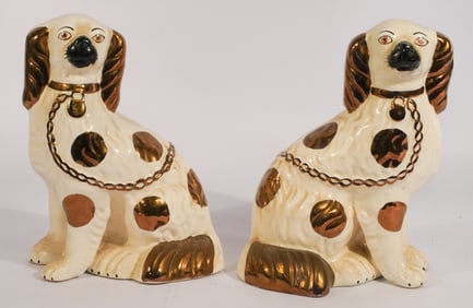 Pair Antique Staffordshire Pottery Seated Spaniels