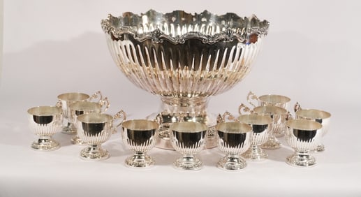 English Sheffield Silver Plate Punch Bowl & Cups