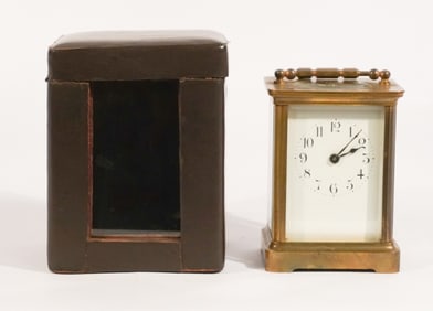 Antique Carriage Clock In Leather Case