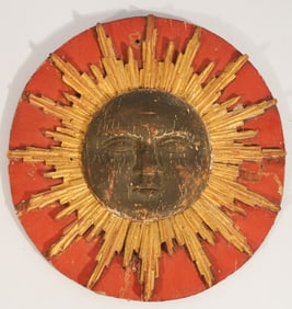 Antique Classical Carved, Gilt & Polychrome Sun Wall Hanger