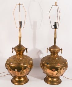 Pair Oriental Art Deco Brass & Stone Lamps