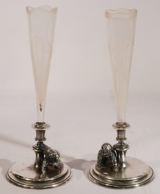 Charming Pair Antique English Figural Silver Plate Etched Glass Bud Vases