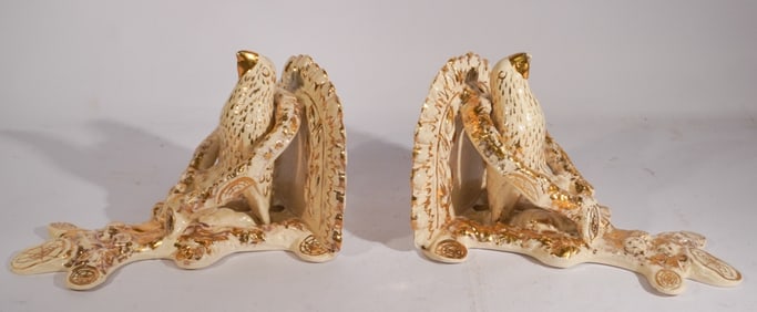 Handsome Pair of Italian or Portuguese Figural Majolica Wall Shelves