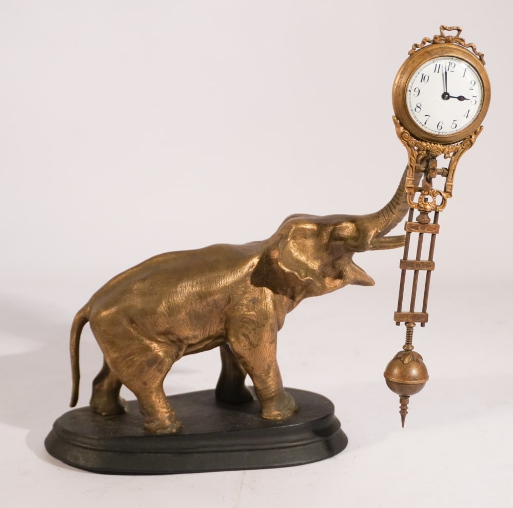 Antique German Brass Figural Elephant Free Swing Clock (1 of 3)