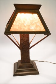 Period Arts & Crafts Wood Slag Glass Table Lamp