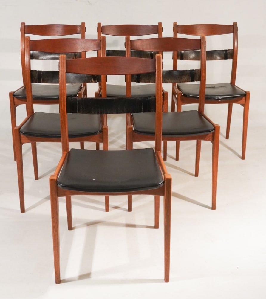 Excellent Set Yngve Ekstrom Dining Chairs for Dux in Teak & Oak: Brilliant set of six in good overall condition. Each marked at the underside. Some slight wear to fabric consistent with age. Very sturdy condition. H32 1/4" W17 1/2" D17" Sold from the collection of