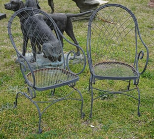 Pair Art Deco Mid Century Iron & Wire Garden Chairs