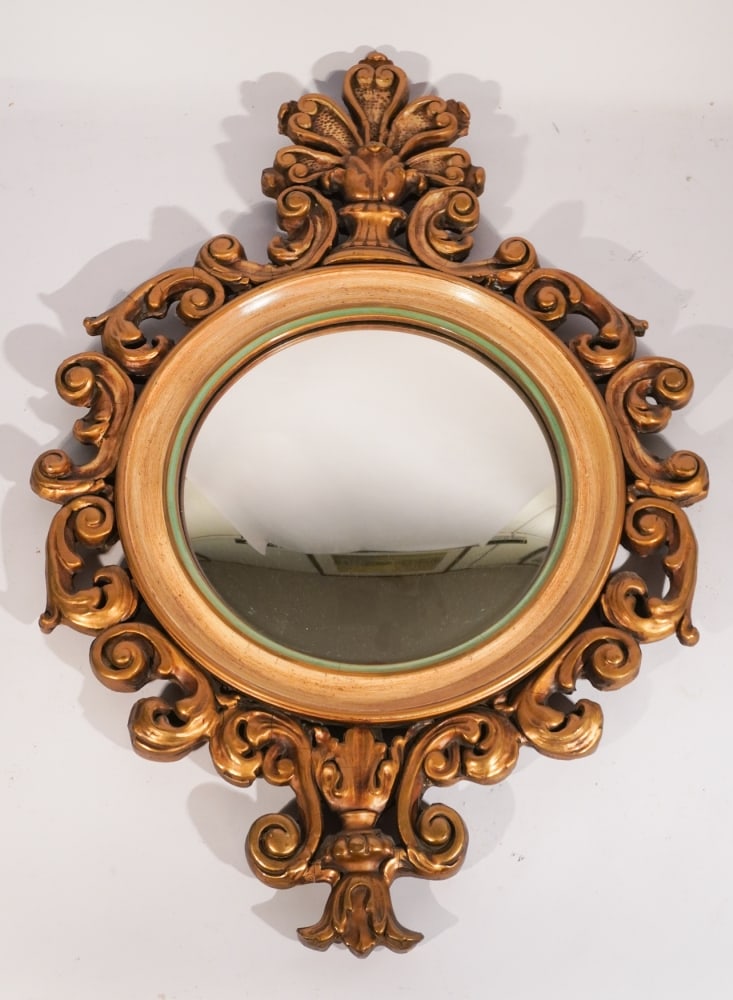 Charming Vintage Bullseye Mirror: Early 20th century. Having a nice smaller size and handsome convex looking glass. H24 1/2" W16 1/2" Sold from the collection of a Marietta, Georgia family.
