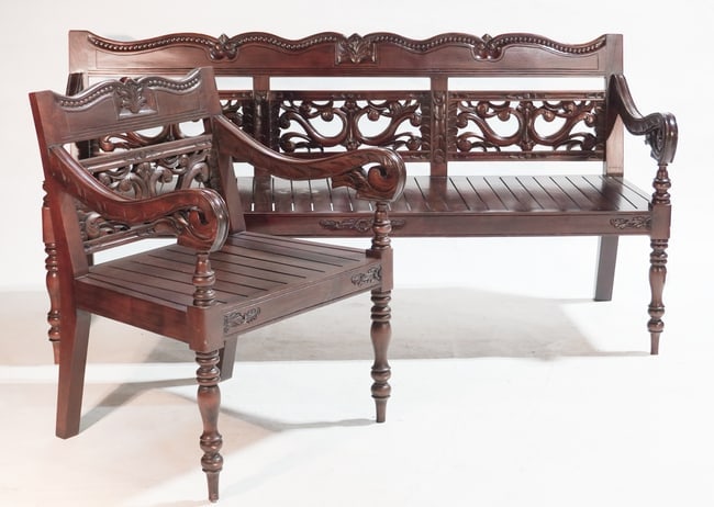 Handsome Anglo Indian Style Carved Hardwood Settee (1 of 4)