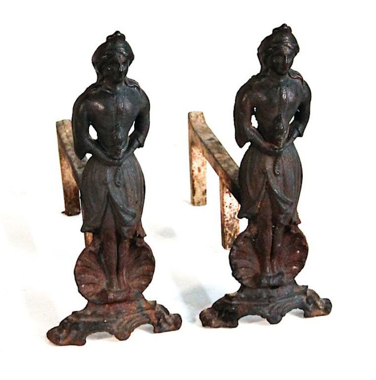 American iron Indian-Princess andirons: 19th century. H17 1/2" W8" D18 3/4"