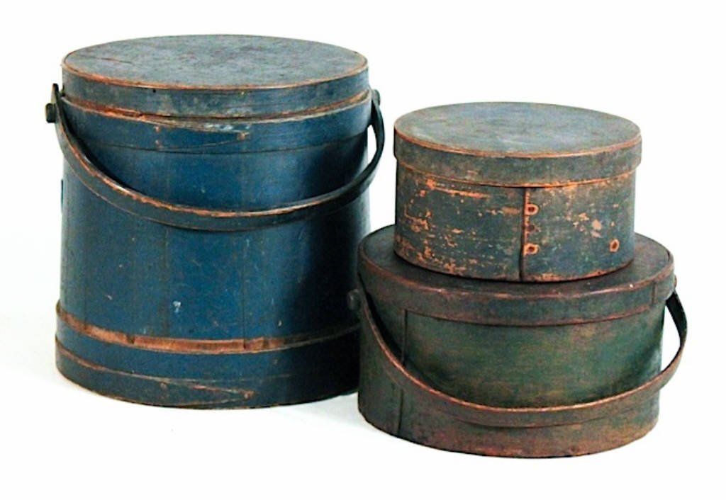 Group of two painted firkins and a painted pantry box: 19th century. largest: H14 1/2" W15"