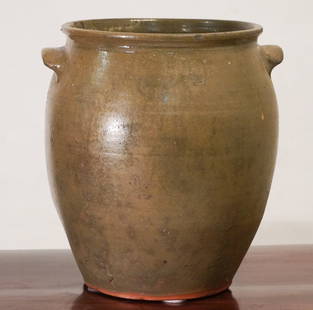 Very Rare & Fine Southern Stoneware Marked Edgefield Storage Jar: Dated 1875 and signed Meat Jar at upper shoulder. Attributed to Kirksey Crossroads. School of Thomas Chandler and Bodie. Brilliant jar having very nice large size standing at a proud 16 1/4" x 14 1/4"