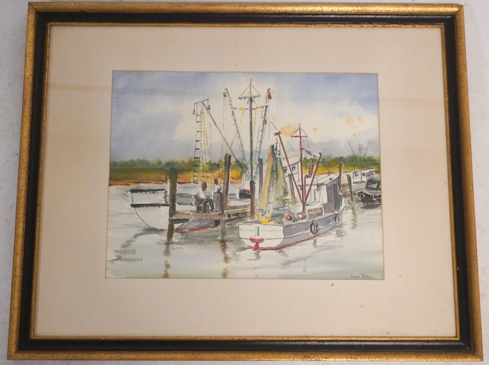 Anne Ball: (mid 20th century, Charleston, South Carolina) Watercolor on paper featuring an African American child and man crabbing alongside shrimp boat named Miss Millie. Signed lower right. Excellent condition