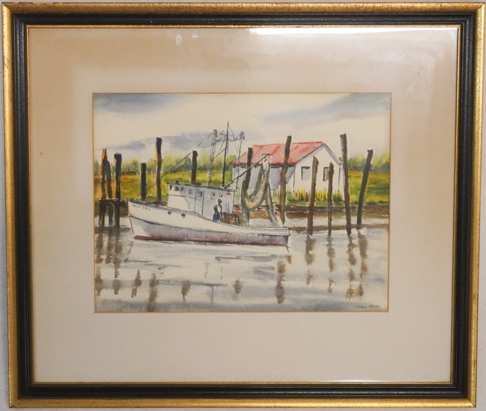 Anne Ball: (mid 20th century, Charleston, South Carolina) Watercolor on paper of shrimp boat and captain along dockside. Nicely rendered example signed lower right. Good condition. H11 1/2" W15 1/8" (without mat