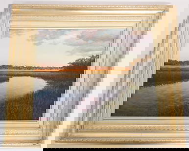 Jack Chilton: (20th century, Georgia/Canada) Oil on board Georgia Lowcountry coastal river at sunset, signed lower left. Framed nicely. Good overall condition well kept. Framed: H16" W19 3/8" Sold from the collecti