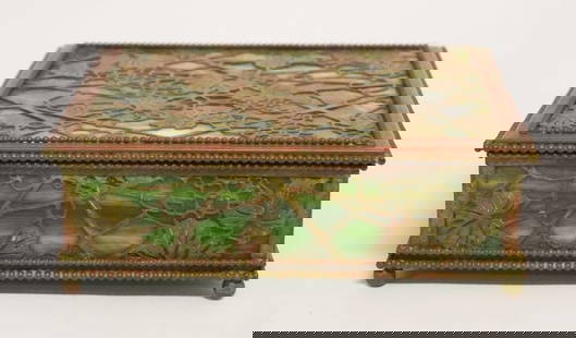Fine Tiffany Studios Table or Desk Box of Larger Size: Handsome square box of a larger size having brilliant pattern and hinged lid with fine well kept glass. Very nice condition and signed at the underside. H2 3/4" W8 1/4" D8 1/4" Sold from the collectio