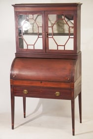 Very Fine Southern Federal Inlaid Mahogany Cylinder Secretary Desk & Bookcase