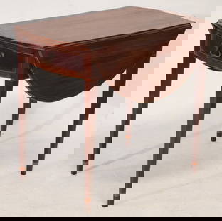 Very Handsome American Federal Inlaid Mahogany Pembroke Table: Circa 1800, likely New Jersey and by Matthew Egerton Jr. Excellent example having brilliantly grained top and rounded leaves with banded edge over the case housing a single drawer also nicely banned a
