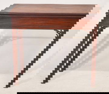 Exceptional American Chippendale Mahogany Games Table: Circa 1770, Goddard-Townsend School. Brilliant example having two solid mahogany boards hinged to open nicely with swing out legs. The legs are square and very nicely fluted and carved with great prec