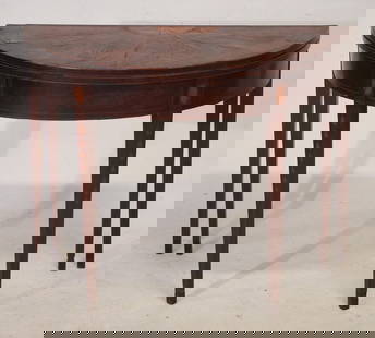 Excellent American Federal Inlaid Mahogany Games Table: Circa 1800, attributed to New York City. Brilliantly inlaid and figured top which is hinged and opens nicely with swing out leg to support top. The case having excellent figured grain and inlaid medal