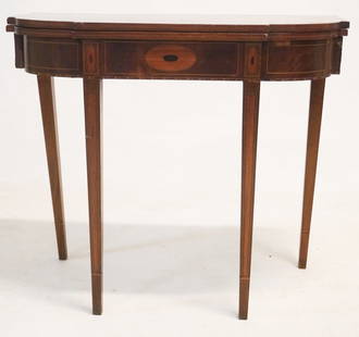 Fine American Federal Inlaid Mahogany Mixed Wood Games Table: Southern origin, possibly Wilmington, North Carolina. Brilliantly grained tops opening nicely over the excellently inlaid freeze atop nicely banded legs centered with handsome tapered satinwood inlay.