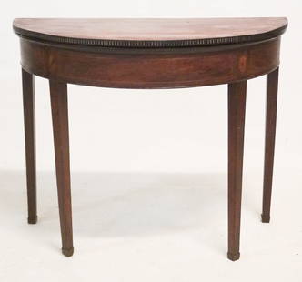 Handsome Southern Federal Carved & Inlaid Mahogany Demilune Game Table: Circa 1810, Coastal North or South Carolina, possibly Wilmington or Georgetown, SC. Very handsome table having a nicely grained top over the brilliantly carved edge atop charmingly inlaid freeze on fo