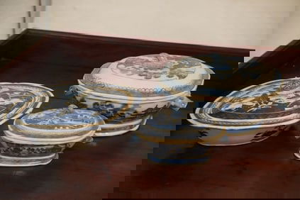 Fine Set Antique Chinese Canton Blue & White Porcelain Lidded Serving Bowls