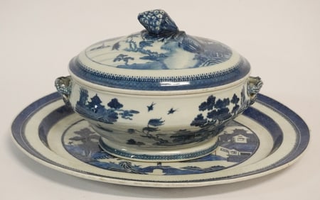 Very Fine Antique Chinese Nanking Blue & White Platter & Lidded Tureen