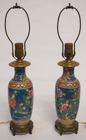 Pair Antique Chinese Republic Period Porcelain Vases Converted to Lamps