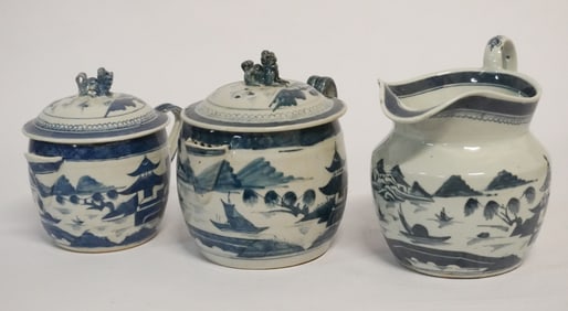 Collection Antique Chinese Canton Blue & White Porcelain Pitchers