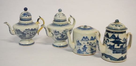 Collection Antique Chinese Canton Blue & White Porcelain Teapots