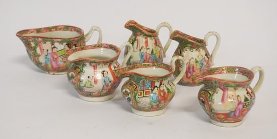 Collection Antique Chinese Canton Rose Medallion Porcelain Cream Pitchers