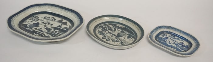 Three Antique Chinese Canton Blue & White Porcelain Serving Pieces