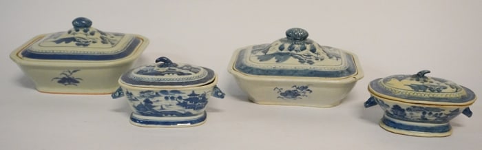 Fine Set Antique Chinese Export Canton Blue & White Serving Bowls