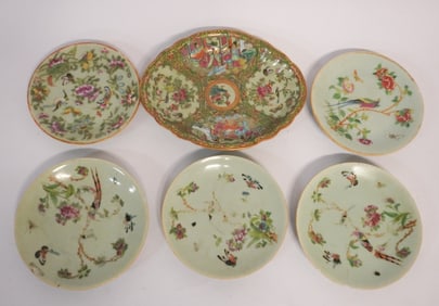 Collection Antique Chinese Celadon Porcelain Dishes & a Serving Bowl