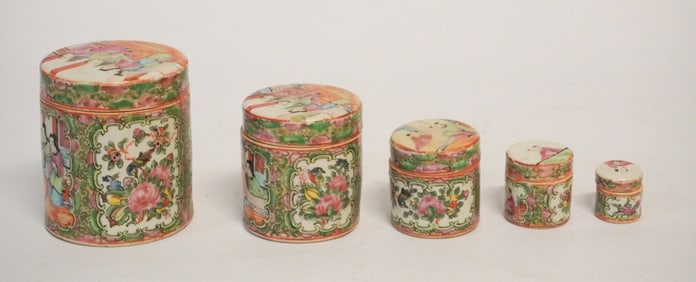Rare Complete Five Piece Chinese Export Rose Medallion Stacking Canister Set