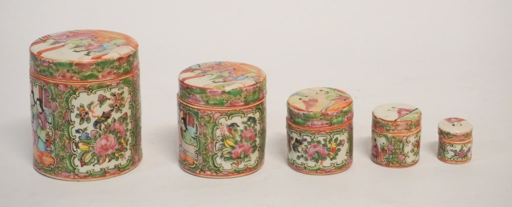 Rare Complete Five Piece Chinese Export Rose Medallion Stacking Canister Set (1 of 4)