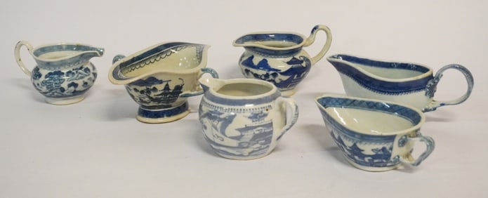 Antique Chinese Canton Blue & White Porcelain Pitchers & Sauce Boats