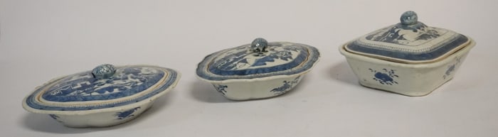 Collection Antique Chinese Blue & White Canton Lidded Serving Bowls