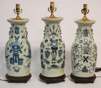 Collection Antique Chinese Porcelain Canton Urns Converted to Lamps