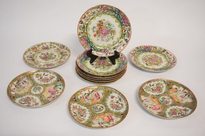 Fine Set Antique Chinese Export Rose Medallion Black Butterfly Porcelain Plates